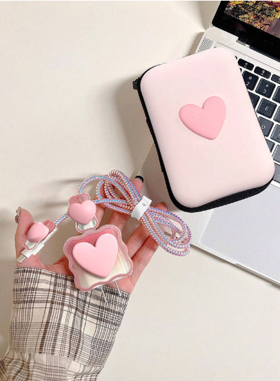 SET: Estuche y protector para cable de carga: Pink Heart