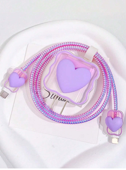 SET: Estuche y protector para cable de carga: Lila Heart